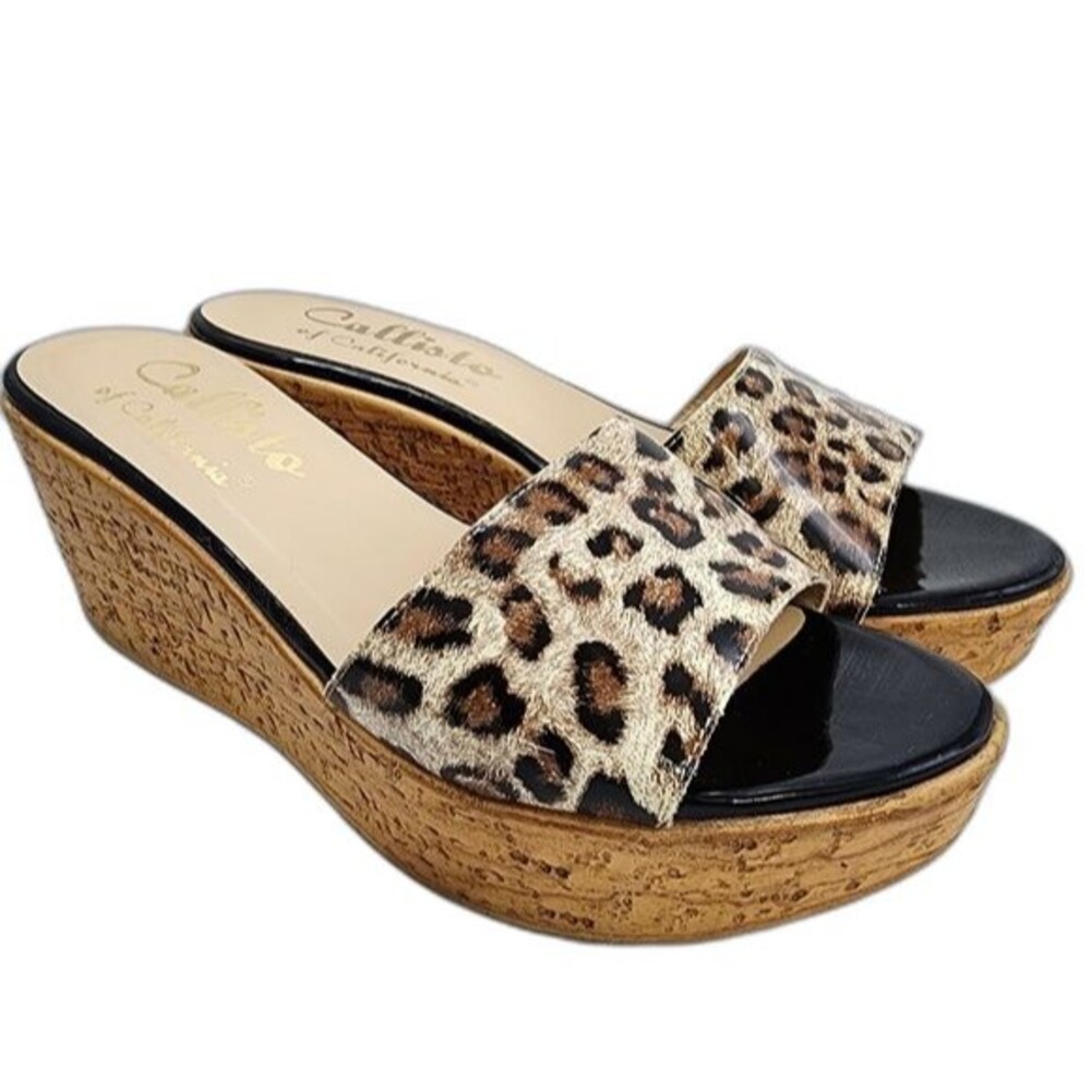 Callisto of California Cheetah Print High Platform Wedge Slides Size 8